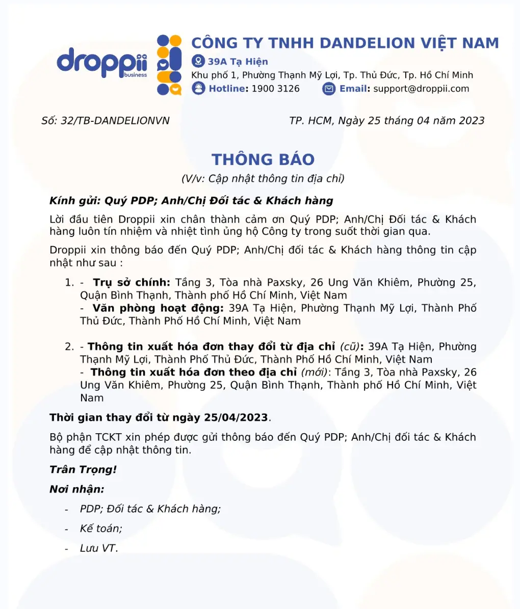 Thông báo đổi địa chỉ trụ sở chính Droppii - Shopbiz