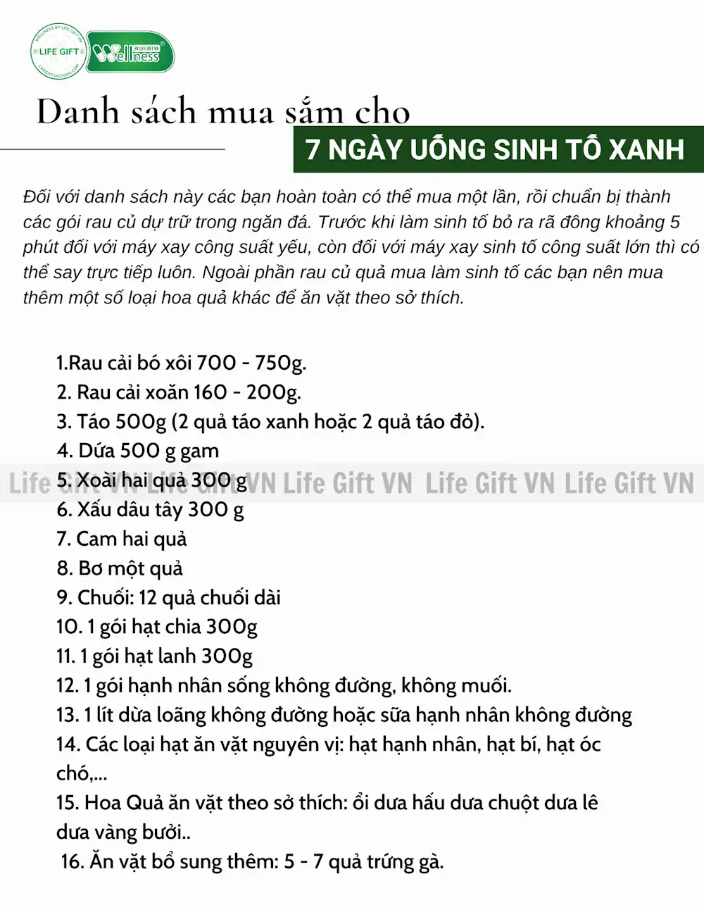 Danh Sách Mua Sắm Cho 7 Ngày Sinh Tố Xanh - 7 Ngày Detox Bằng Sinh Tố Và Cordypro - Shopbiz