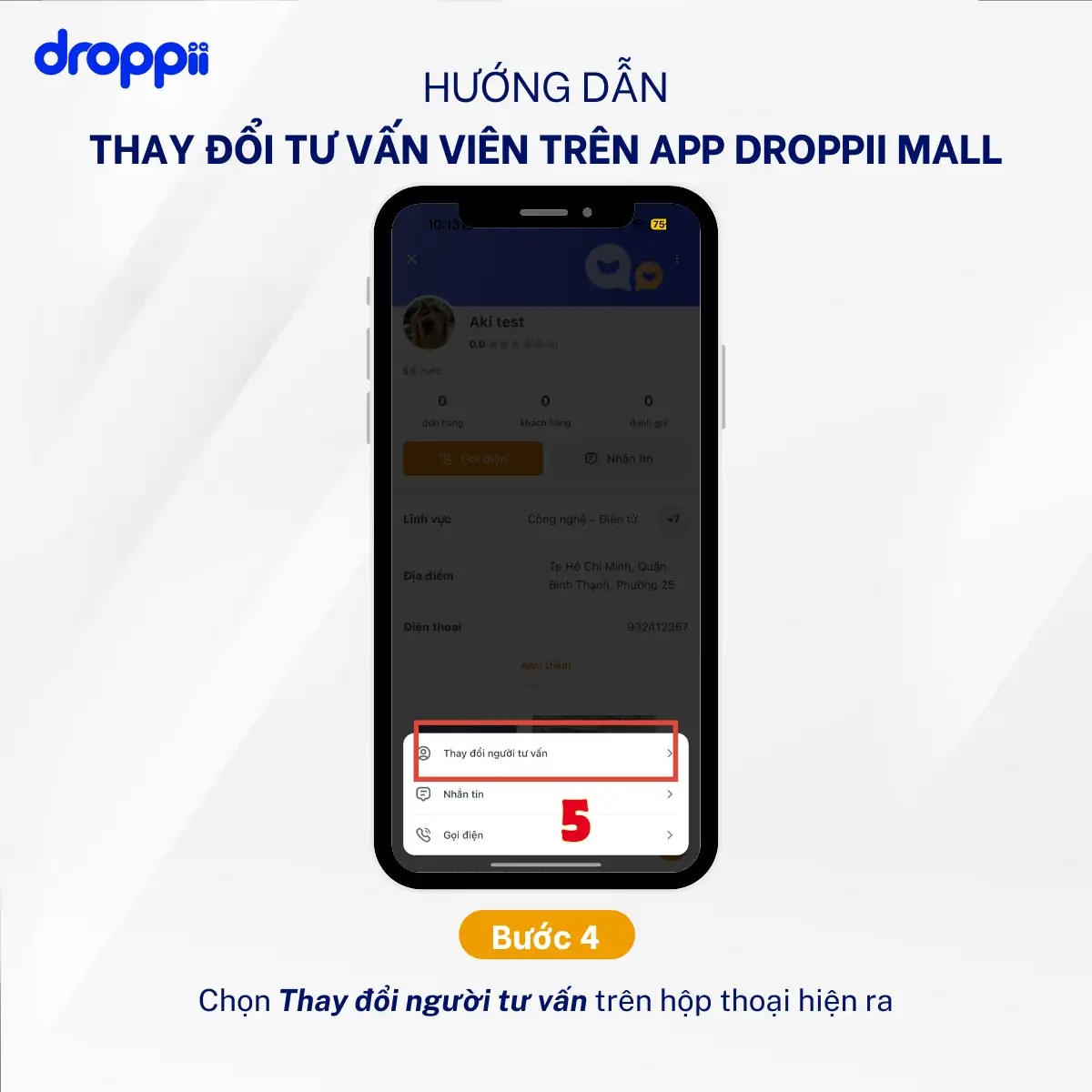Hướng Dẫn Thay đổi Tư Vấn Viên Trên App Droppii Mall - Bước 4